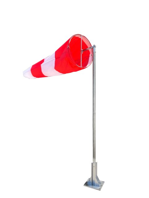Red and White Windsock with Rigid Ring Frame on Galvanised Pole and Bolted Base