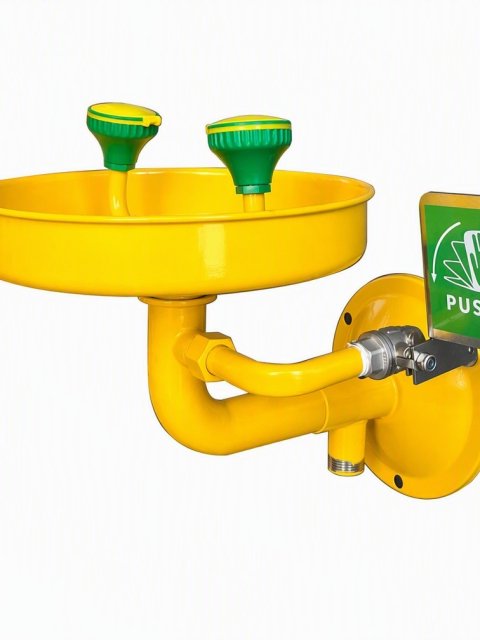 Yellow ABS Wall Mounted Eye Wash Station with 550 mm Bowl and Curved Arm