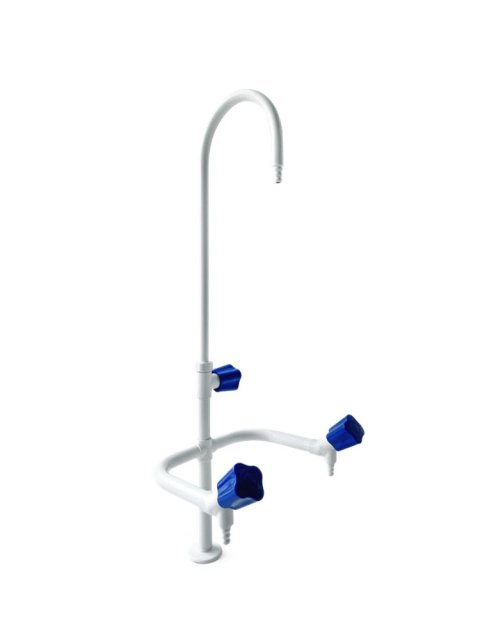 Tall Gooseneck Laboratory Bench Faucet with Two Side Outlets and Blue Knobs