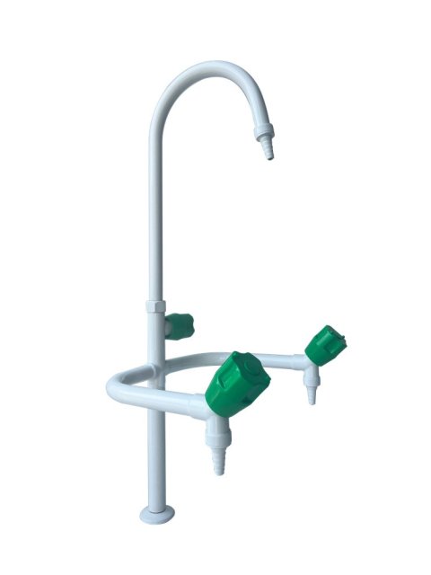 Three Outlet Laboratory Bench Faucet with Green Service Knobs and Gooseneck Spout