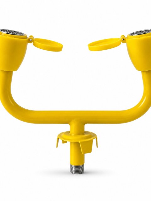 Yellow Twin-Head Eyewash Spray Tube Assembly with Side-Hinged Caps
